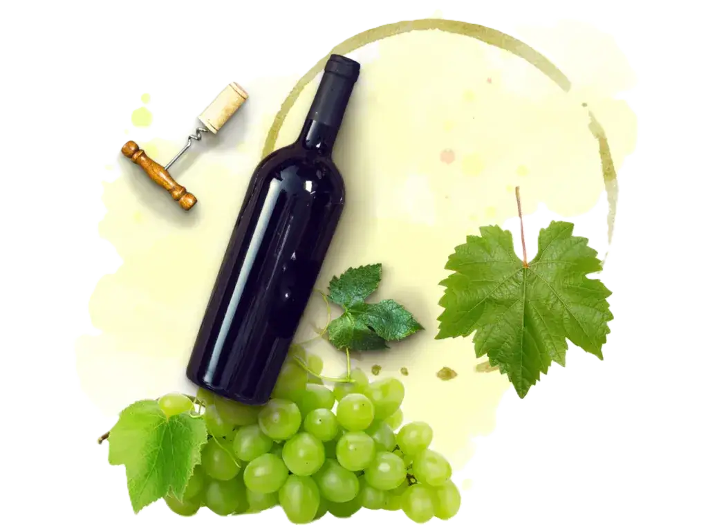 Wine bottle with corkscrew and grapes